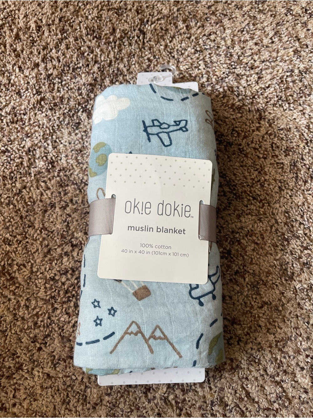 okie dokie Light Blue Muslin Baby Blanket with Airplane & Mountain Print